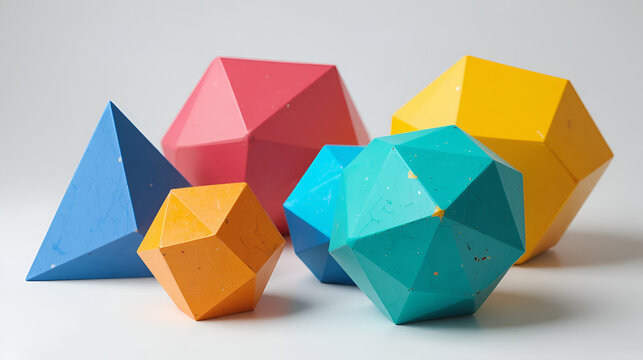 Platonic solids. Tetrahedron, hexahedron, octahedron, dodecahedron and icosahedron of different colors isolated on a white background. 3d illustration.
