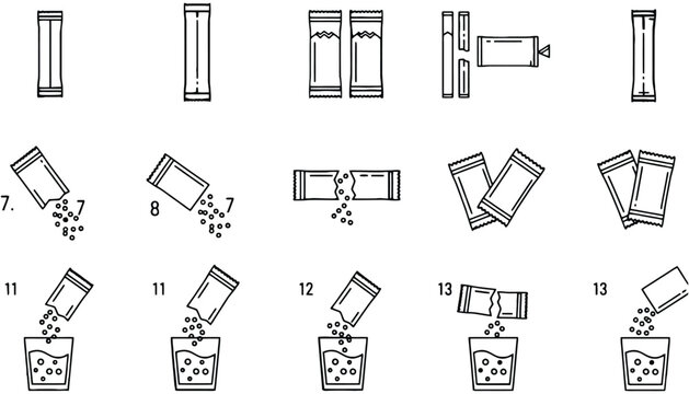 Sugar sachet vector illustration showing step by step preparation process