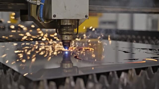 Industrial laser cutting machine precisely shaping metal sheet with sparks