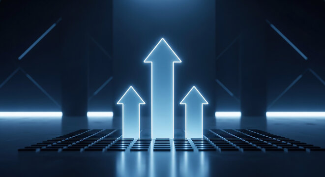 Abstract image showing three upward pointing blue glowing arrows of varying heights emerging from a dark textured grid on a reflective floor in a dim room with subtle lighting on the walls