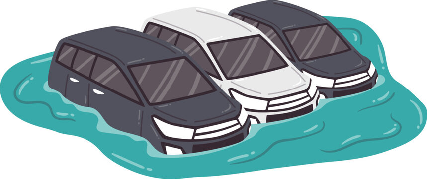 Bencana Banjir Membuat Kendaraan Terjebak Di Jalan