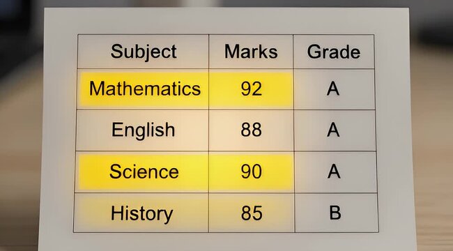 Academic performance report card displaying student grades in various subjects
