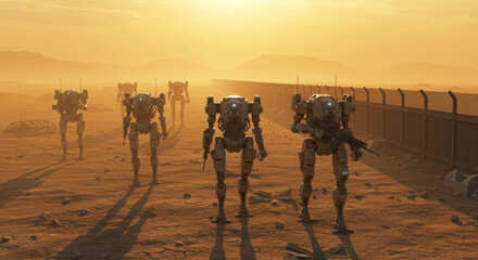 Obraz premium Robotic soldiers on patrol in a dystopian desert landscape. AI controlled machine armed with weapon. Concept of future war and artificial intelligence.