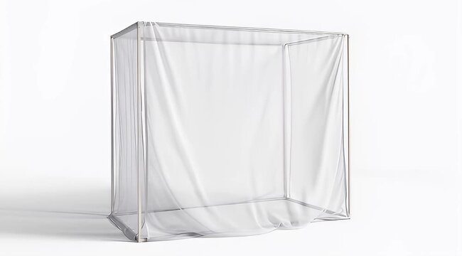 Minimalist bedroom featuring a modern four poster bed with sheer white canopy