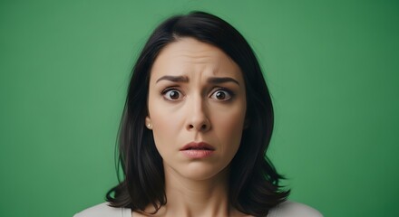 Fototapeta premium Close-up portrait of a puzzled woman with a quizzical expression on a green background.