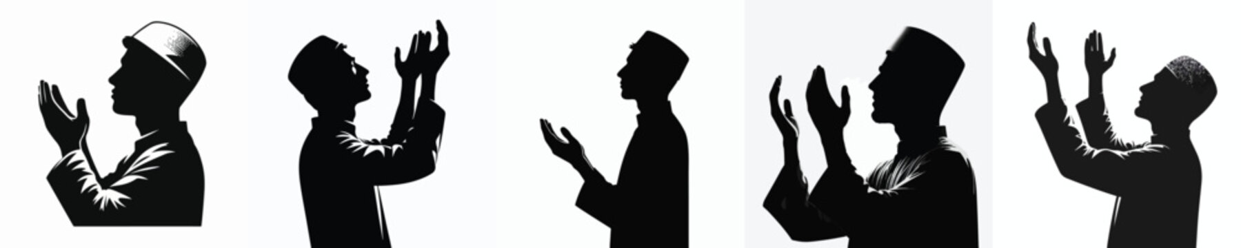 half body vector silhouette of a Muslim man a prayer gesture with raised hand sidet view