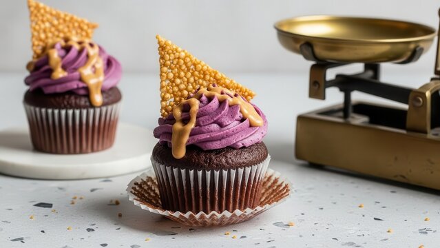Two chocolate cupcakes with purple frosting and golden decorations on a white table with a scale