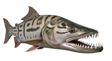 Large predatory fish with sharp teeth and distinctive markings shown in a threatening posture