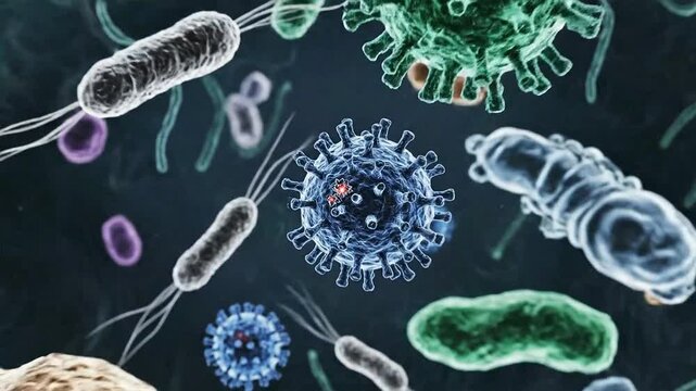 Microscopic view of various bacteria and viruses, a detailed 3D rendering of microorganisms in a biological environment.