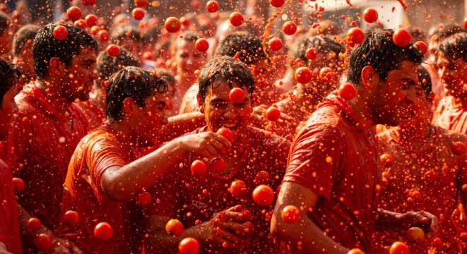 Many men drenched in tomato pulp and whole flying tomatoes celebrate the traditional Tomatina festival. Fun and messy Spanish summer holiday.