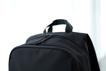 Naklejka premium Black minimalist backpack isolated on white background. Modern school or travel bag mockup with clean design, ideal for branding, retail presentation, lifestyle, student, and fashion accessory concept