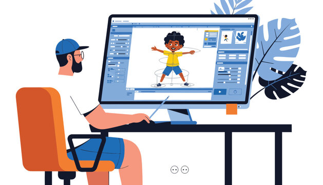 A cartoon graphic designer creating an illustration on a computer