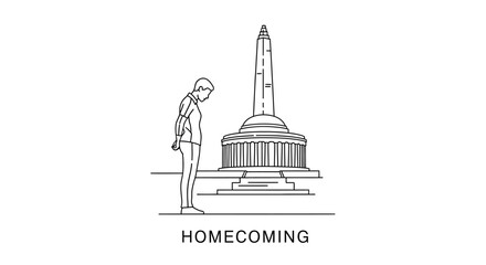 Person looking at monument, homecoming concept, line art illustration
