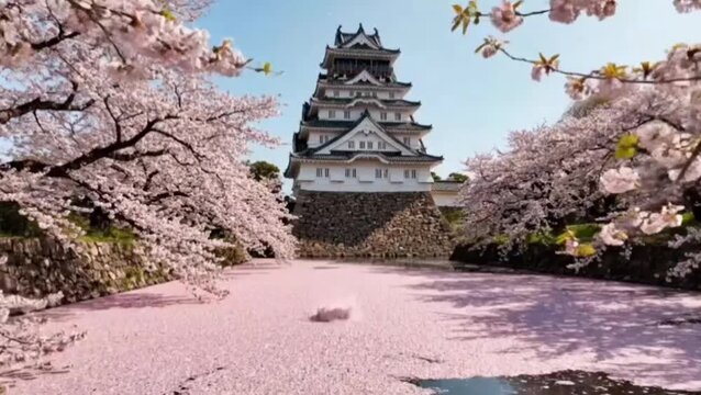 A picturesque view of cherry blossoms in full bloom along a canal in Hirosaki Castle
