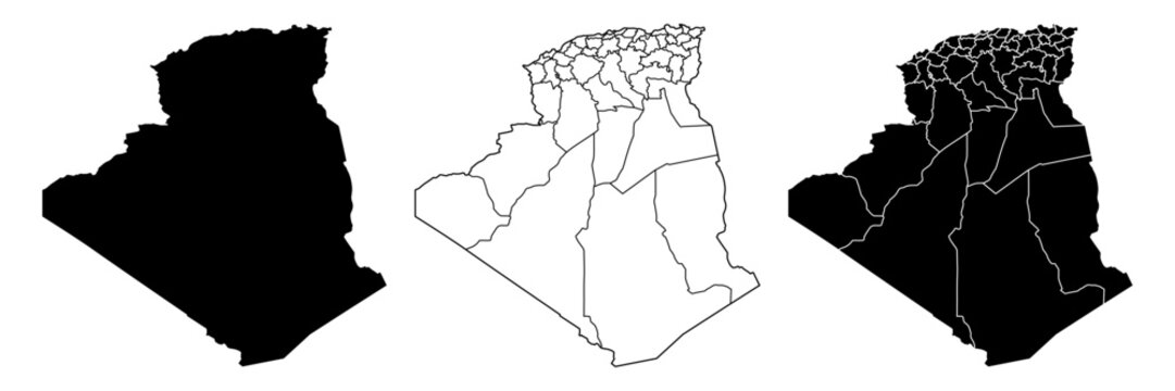 Algeria map isolated on white background. Algeria country map. Low detailed. Solid simple style. Algeria map silhouette linear and black illustration. Black and white. Vector editable