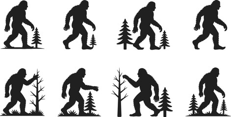 Bigfoot Silhouette Walking With Trees On White Background vector illustration © Shahajan