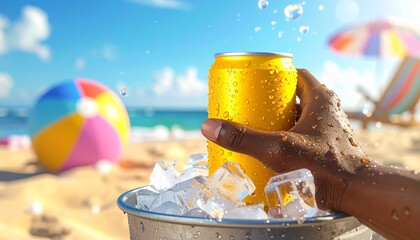 Cold can of drink on a sunny beach, summer refreshment