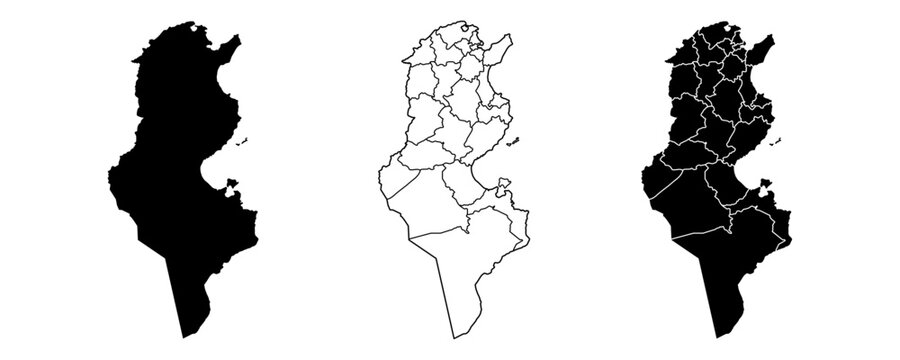 Tunisia map isolated on white background. Tunisia country map. Low detailed. Solid simple style. Tunisia map silhouette linear and black illustration. Black and white. Vector editable	