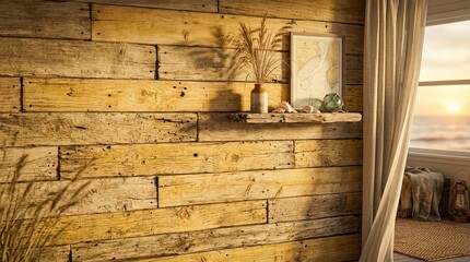 A rustic wooden wall with a decorated shelf creates a cozy interior space overlooking a beautiful ocean sunset through a bright window