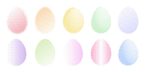 Colorful halftone bitmap grunge gradient easter egg set. Minimal geometric pixel dot spring design for greeting card, banner, holiday poster © Stacy Draw