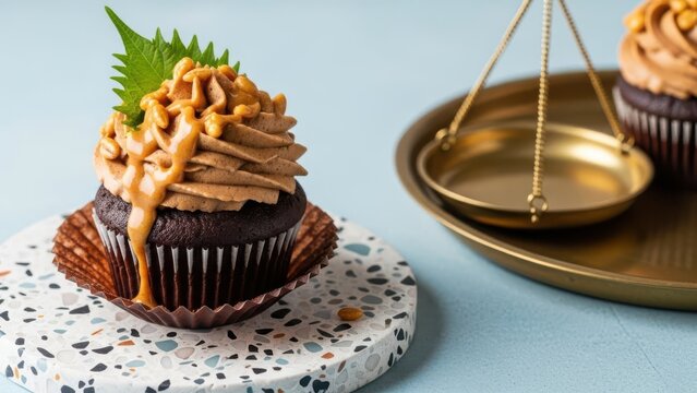 Moist chocolate cupcake with caramel frosting and green leaf on a terrazzo plate with golden kitchen scale