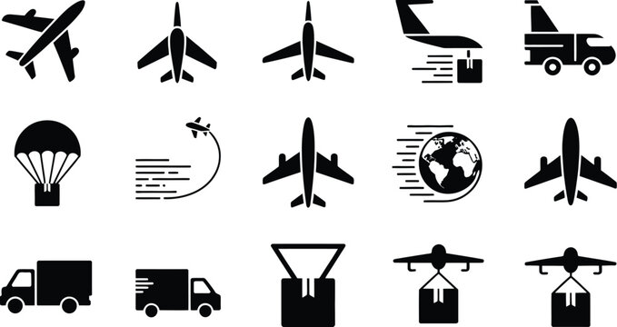 Diverse icons representing various modes of air and ground transportation and activities