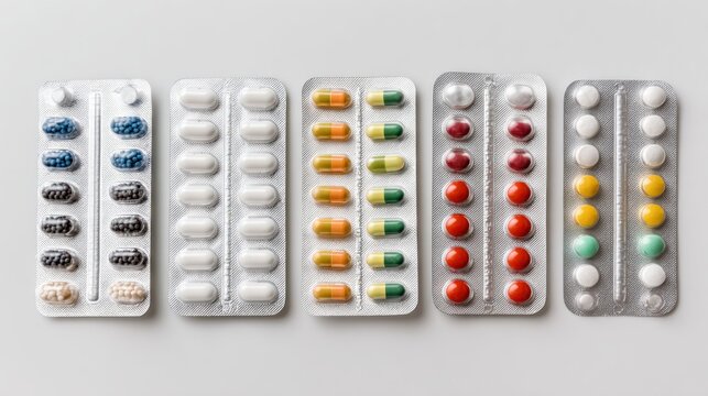 Variety of medicine capsules and tablets in blister packs on white surface