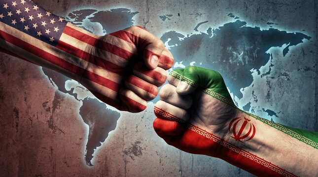 Fists painted with American and Iranian flags clashing against a world map, symbolizing geopolitical tension and international conflict.