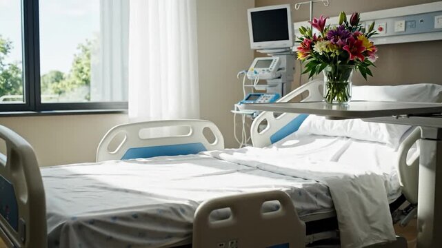 A bright and clean empty hospital room with a modern adjustable bed.