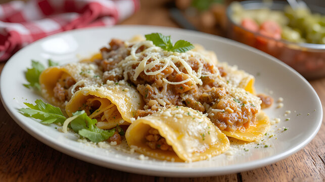 piatto di ravioli ripieni di carne e formaggio, con copertura di formaggio grattuggiato