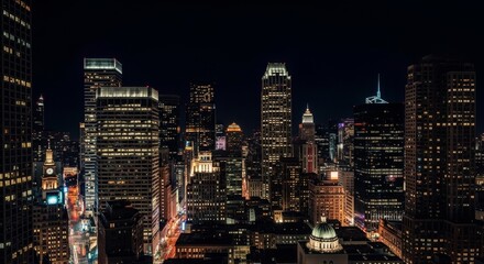 Naklejka premium New York City skyline at night with illuminated buildings and city lights