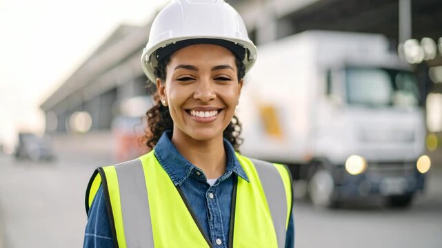 Smiling construction worker wearing hard hat and safety vest in front of a delivery truck