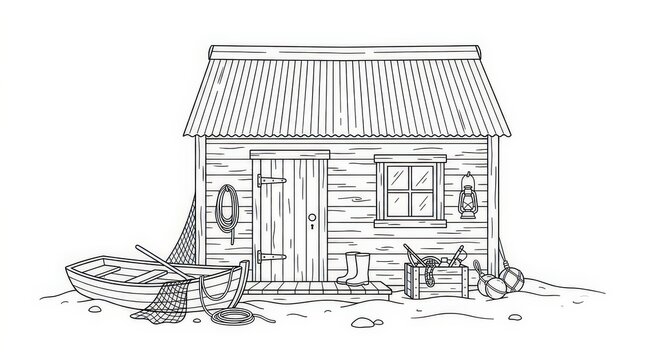 Outline illustration of a rustic wooden fishing shack on a sandy beach with a small rowboat, fishing net, and tools