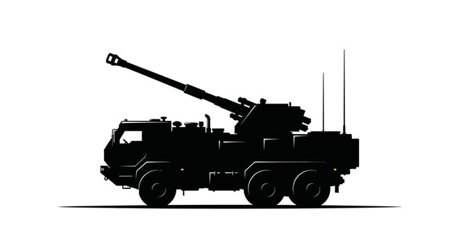 Silhouette of a self-propelled howitzer artillery gun on a white background