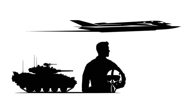 Silhouette of Fighter Jet, Tank, and Driver at Steering Wheel