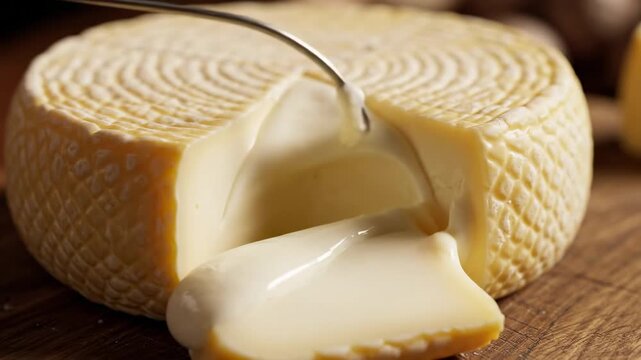 A wheel of cheese being sliced.