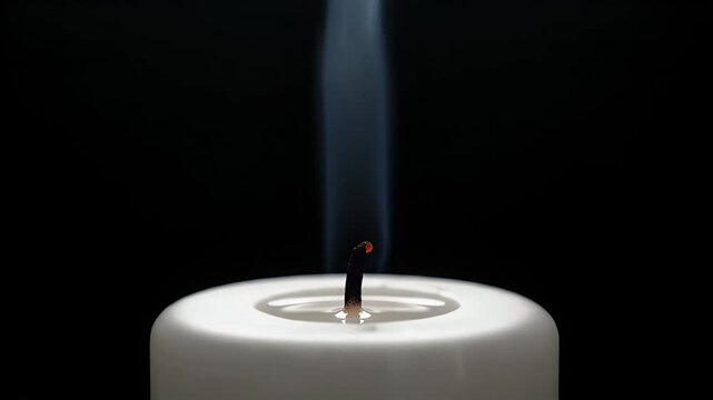 Close Up Macro Shot Of A White Candle Wick With Smoke Rising Against A Black Background With Soft Dramatic Lighting