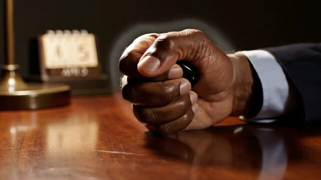 Close up of a mans hand clenching a stress ball on a desk.