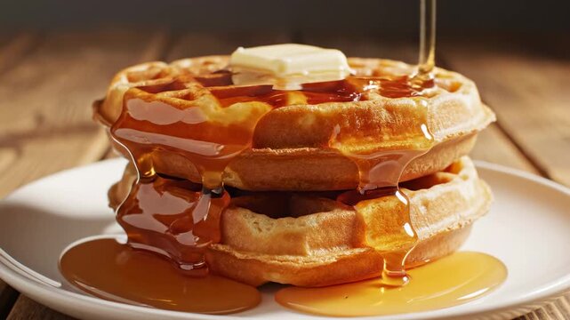 A stack of golden waffles with syrup.