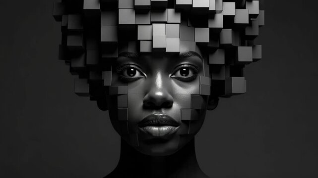Close-up portrait of a woman with hair composed of dark gray cubes against a dark background.