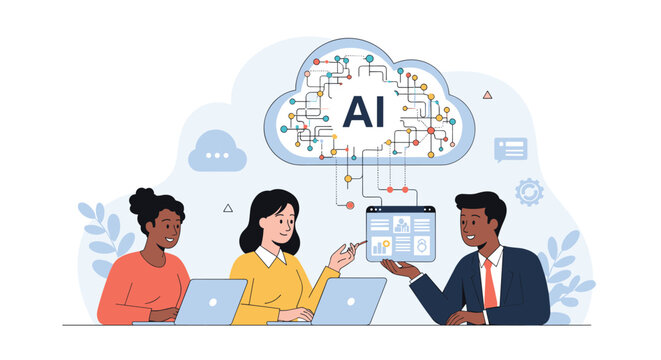 Diverse group of professionals collaborating on a project using artificial intelligence technology represented by a cloud and digital networks.