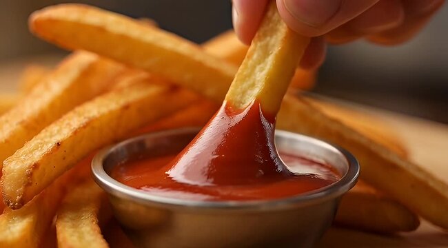 Golden crispy french fries being dipped in bright red ketchup sauce