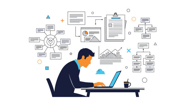 Focused professional working on a laptop surrounded by complex flowcharts and business infographics representing project planning and data analysis.