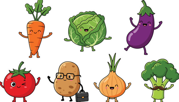A colorful cartoon vegetable set with smiling characters and cute faces