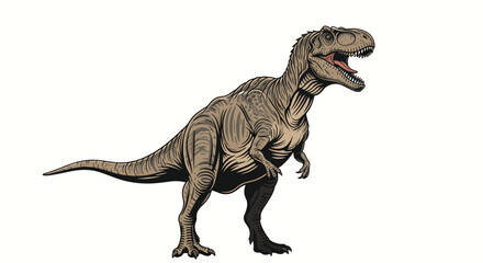 Fototapeta premium Detailed illustration of a Tyrannosaurus Rex dinosaur with its mouth wide open showing sharp teeth on white background.