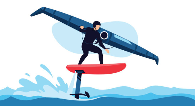 Athlete using a hydrofoil board with a large wing sail while surfing across the blue ocean waves during the daytime.