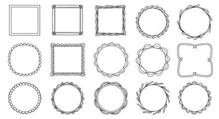 Diverse set of fifteen hand drawn doodle frames including square and circular shapes with various textured borders.
