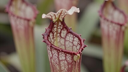 Obraz premium Carnivorous pitcher plant sarracenia with intricate red veins and ruffled lid growing in greenhouse