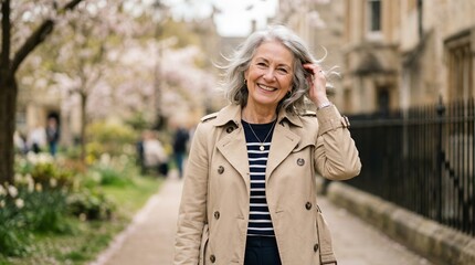 Fototapeta premium Elegant Older Woman in Spring Garden, Smiling with Trench Coat