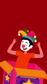 Cheerful clown character popping out of a colorful surprise box wearing a jester hat and smiling mask on a bright background. Fun concept for April Fools Day celebration, humor, jokes, entertainment
